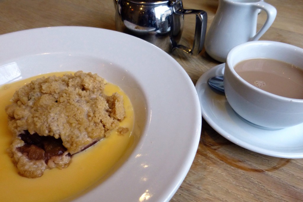 Rhubarb and apple crumble with custard