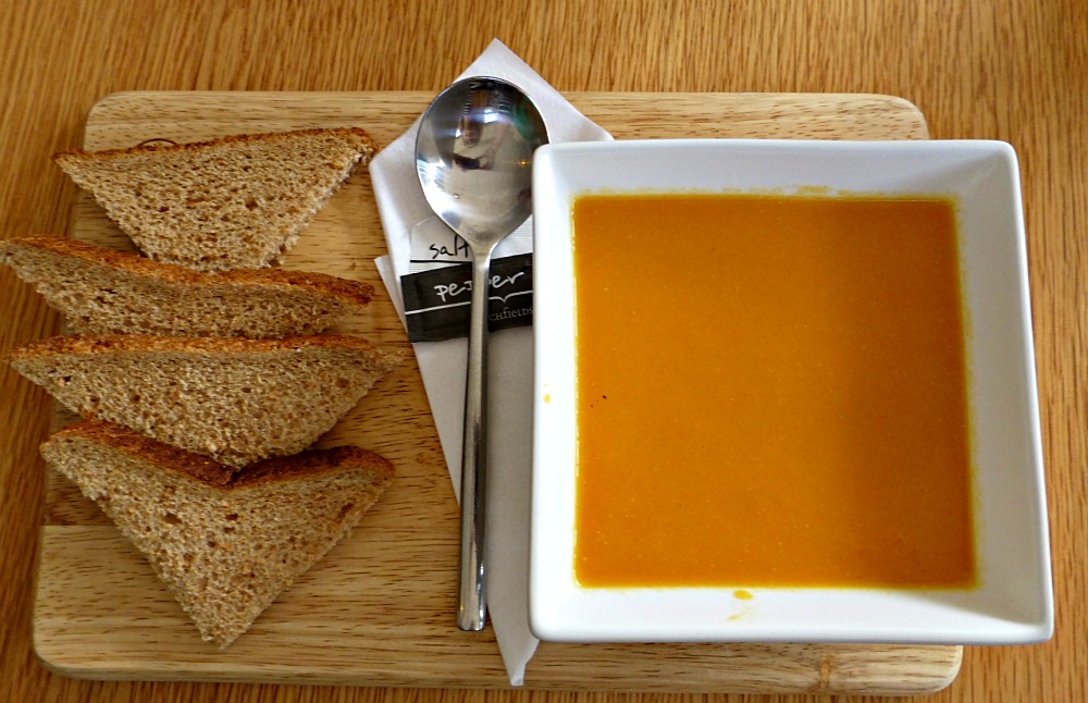 carrot and coriander soup at Tea Total for lunch