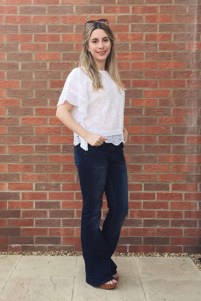 Next flare jeans and platform sandals with New Look crochet look top