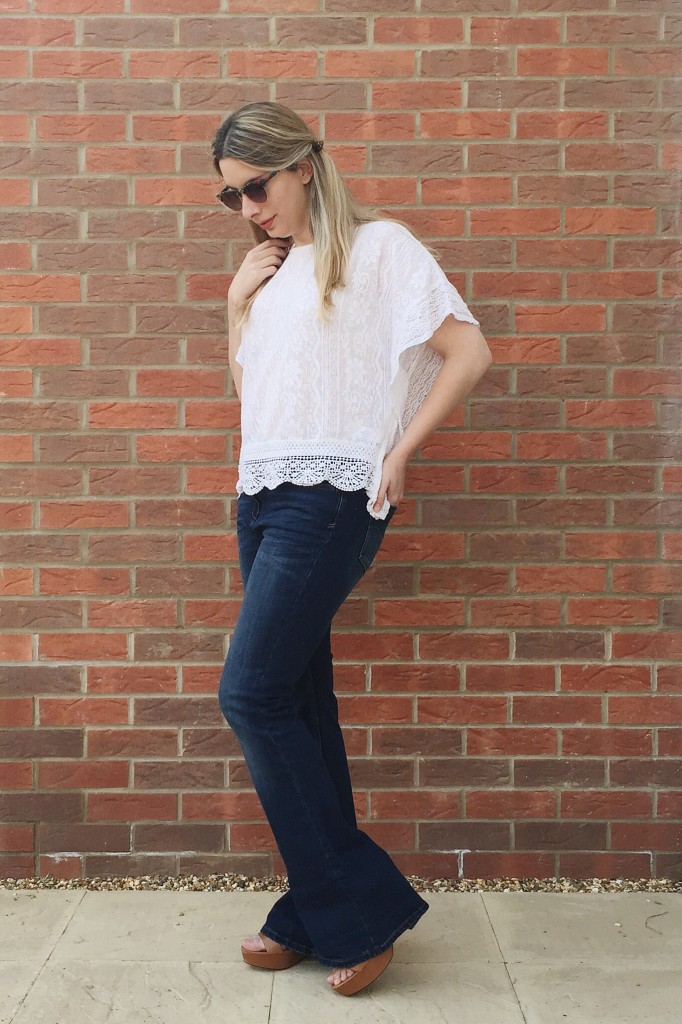 Next flare jeans and platform sandals with New Look crochet look top