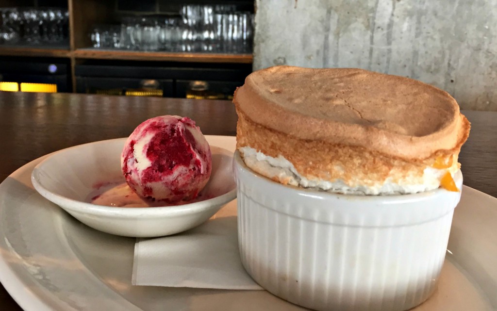 peach soufflé with raspberry ripple ice cream at the riding house cafe