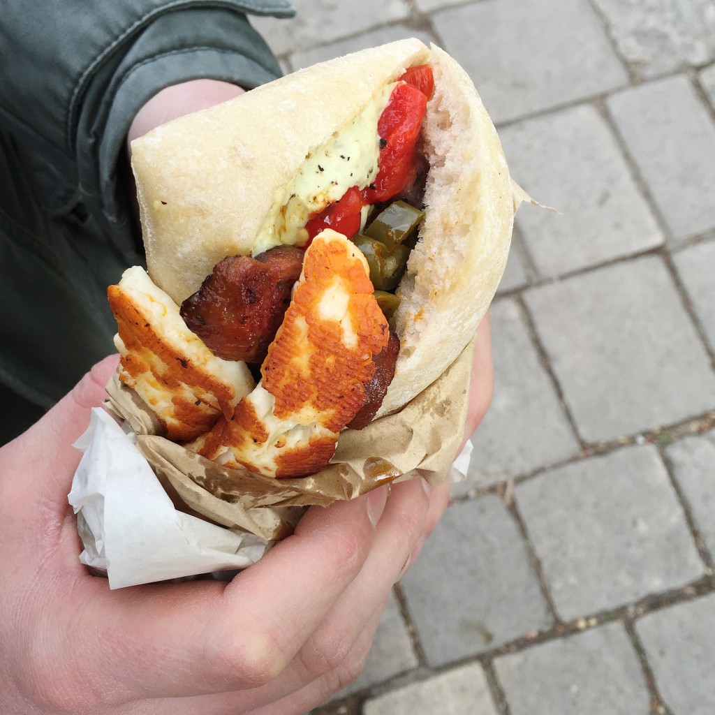 The Ciabatta Man halloumi, chorizo, olives, pesto mayo, roasted peppers and onion salad.