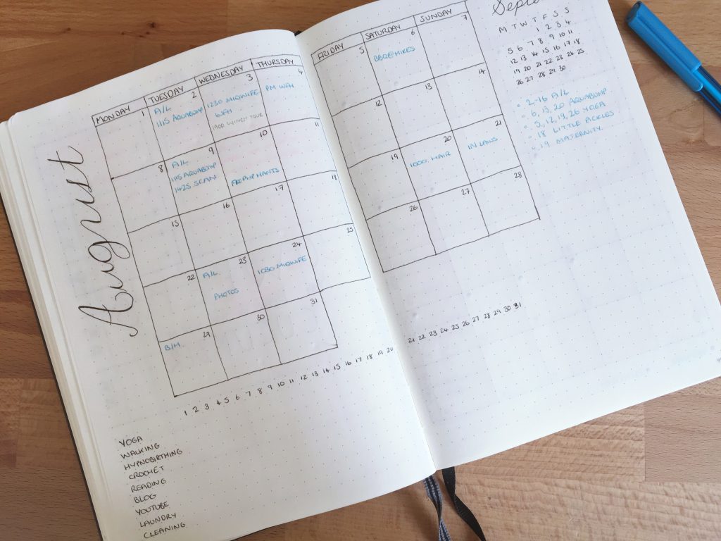 bullet journal August monthly spread