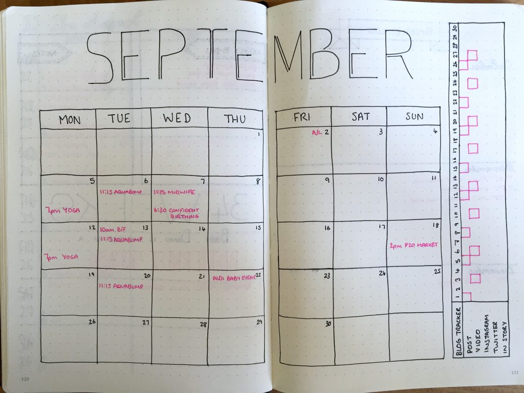 September Bullet Journal monthly spread