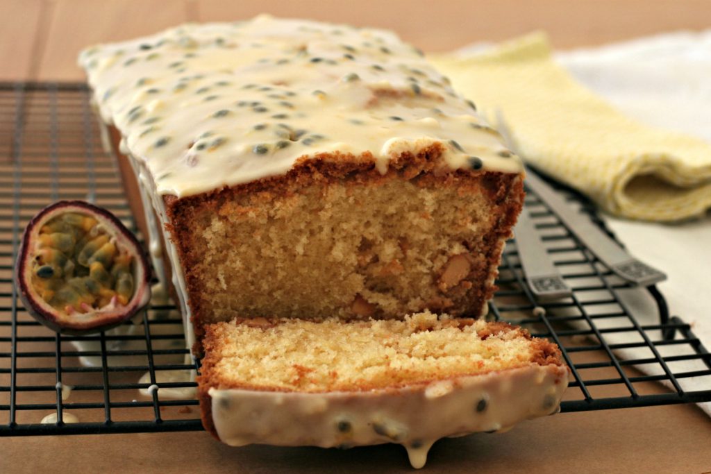 White chocolate and passion fruit drizzle cake