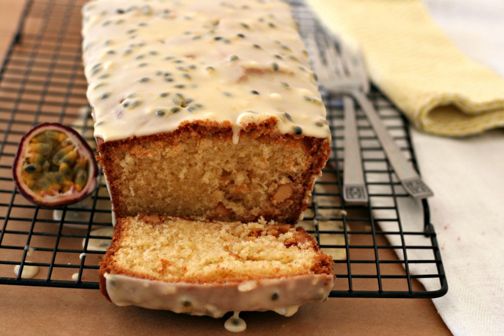 White chocolate and passion fruit drizzle cake