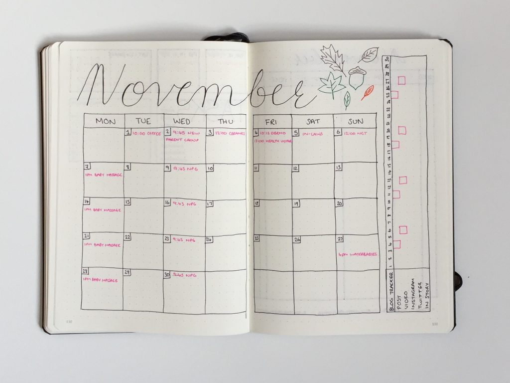 november monthly spread bullet journal