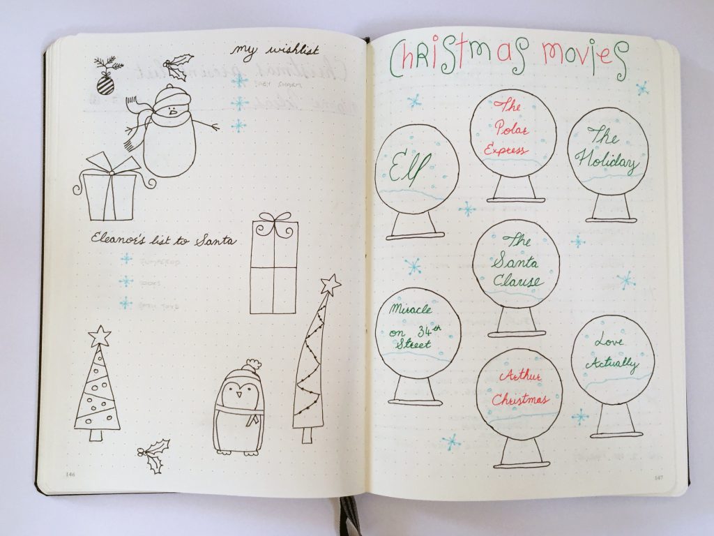 Bullet Journal Christmas spreads wishlist and movies to watch