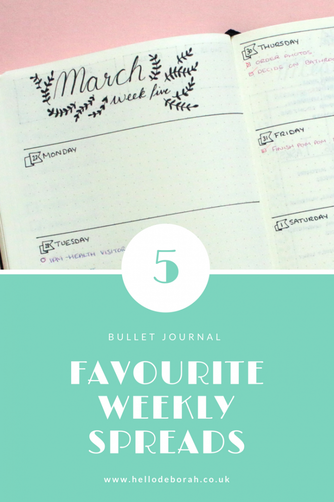 These are my top 5 bullet journal weekly spreads and layouts. I have one for when I have lots of appointments or when I have a quiet week but loads to do. I switch between layouts depending on what my week looks like.