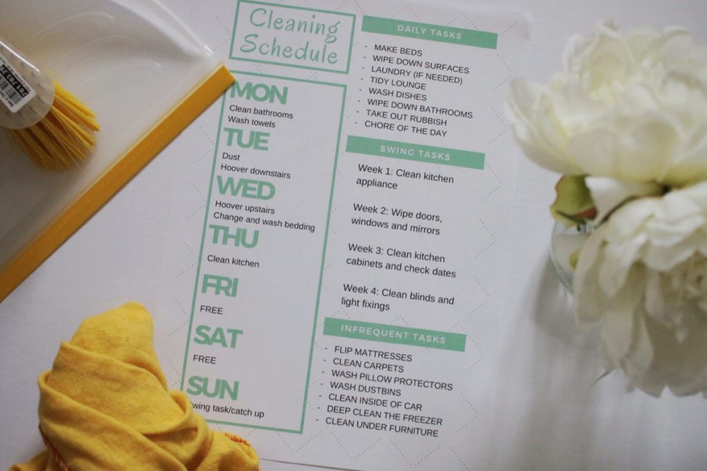 This it the cleaning schedule I use for Spring 2017. It includes rest days, daily chores and weekly tasks.