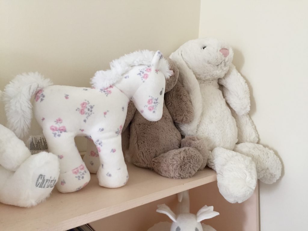 Eleanor's Nursery teddies on the bookcase