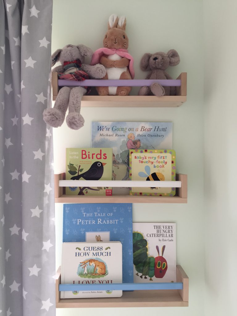 Eleanor's Nursery IKEA spice racks hack painted bookshelves