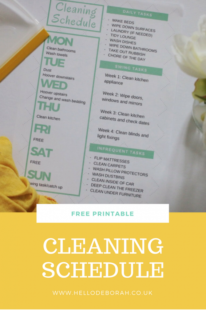 This is a free printable cleaning schedule, which I use for Spring 2017. It includes rest days, daily chores and weekly tasks.