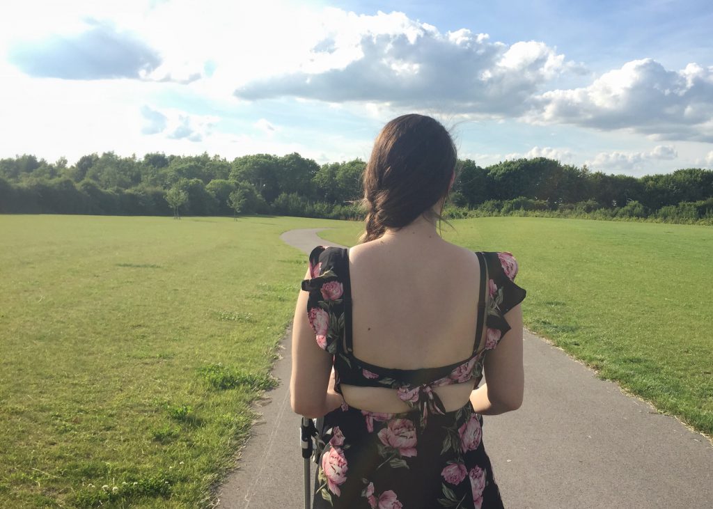 Body confidence - me in a pretty dress in the park. 