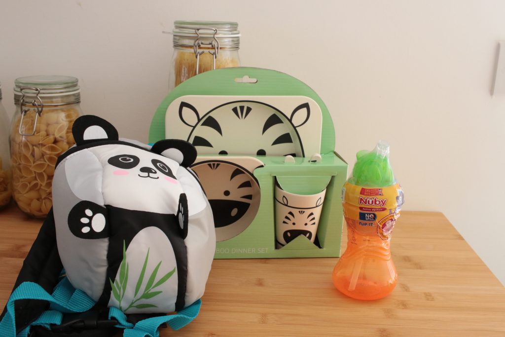 Aldi Baby and Toddler Event special buys. I bought the panda toddler reins, a Nuby cup and the zebra dinner set.