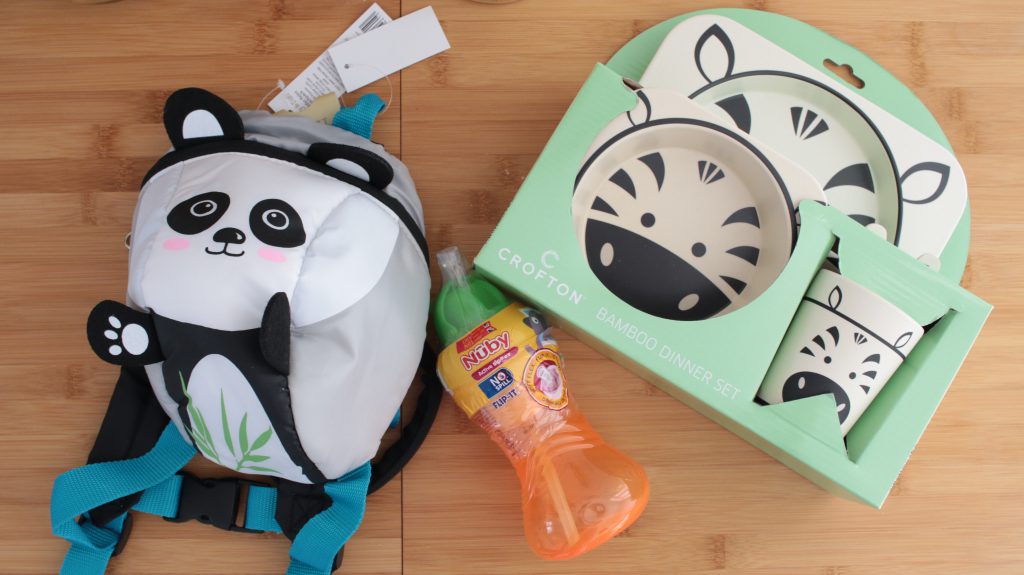 Aldi Baby and Toddler Event special buys. I bought the panda toddler reins, a Nuby cup and the zebra dinner set.