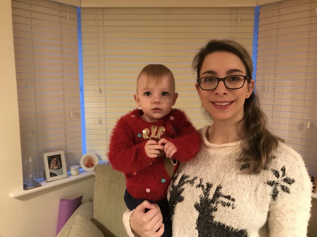 Eleanor and I wearing our Christmas jumpers